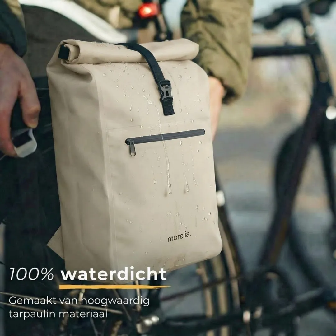 Morelia® Fietstas - Fietstassen Electrische Fietsen - Fietstassen Enkele - Incl Achterlicht - 28 Liter - 100% Waterdicht - Tarpaulin materiaal - Beige