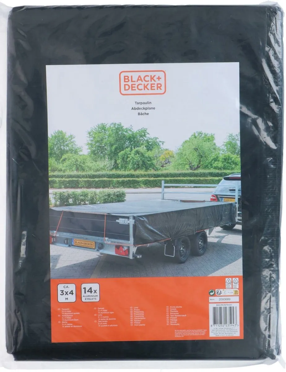 BLACK+DECKER Dekzeil voor aanhangwagen 3x4m - Zwart