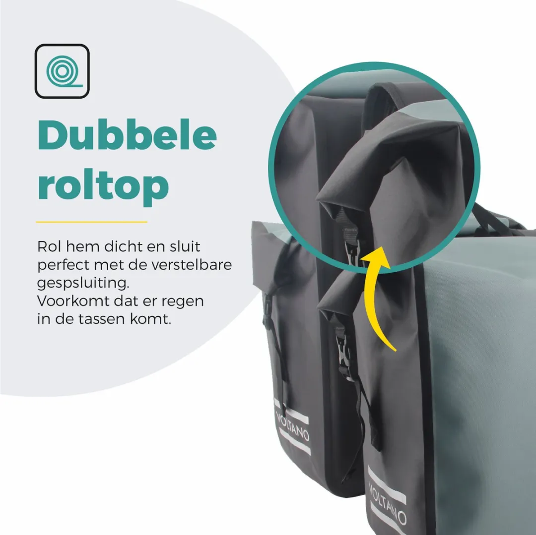 Voltano Dubbele Fietstas Rolltop Luxe 48L - Zwart/Mintgroen