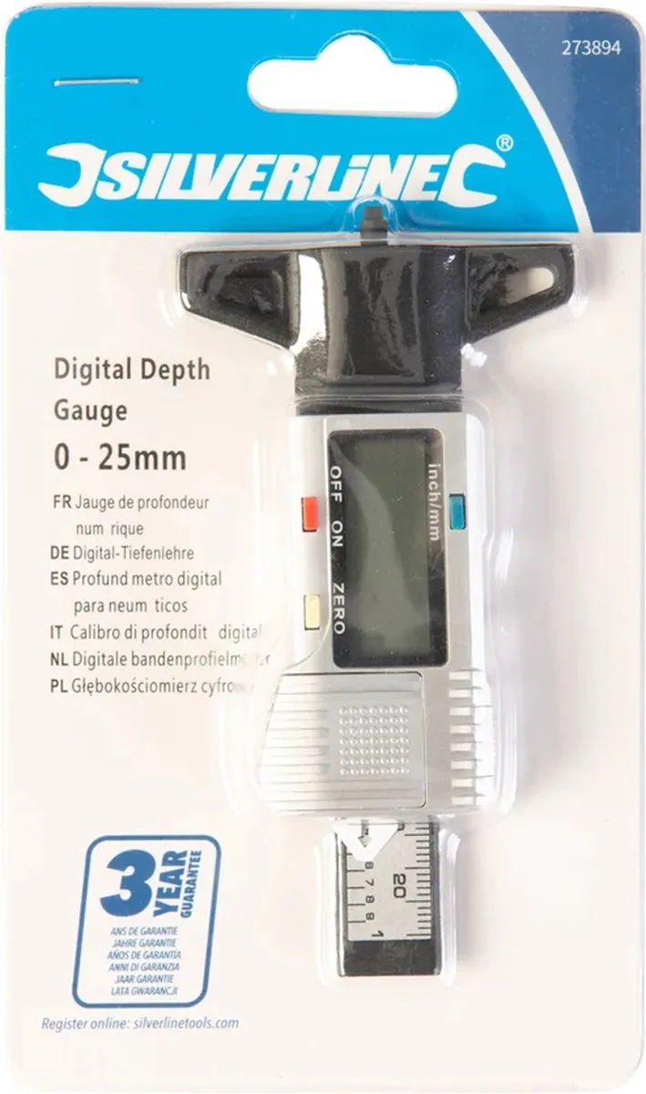 Silverline Digitale Bandenprofielmeter 0-25mm - 0,01mm Resolutie - Zwart/Grijs
