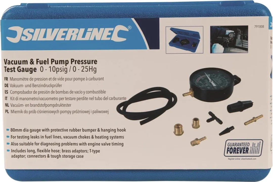 Silverline Vacuüm- en Brandstofpompdruktester 0-10 PSI - Universeel - Goud/Zwart/Blauw