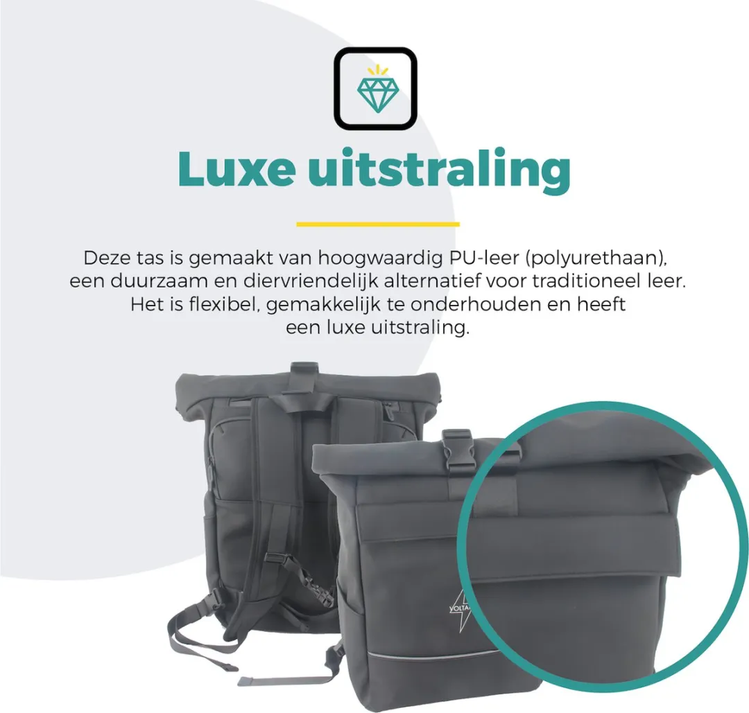 Voltano Luxe E-bike Rolltop Fietstas 28L - Zwart - afbeelding 6 van 6
