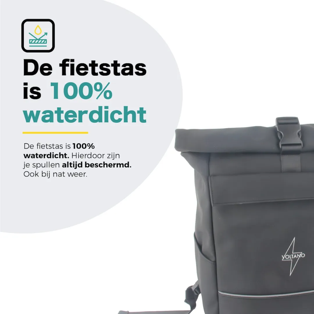 Voltano Luxe E-bike Rolltop Fietstas / Rugtas 28L - Zwart - Enkele Pakaftas - 100% Waterdicht - Groot Laptop Vak - Extra E-bike Beugels