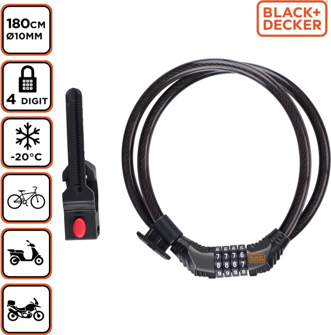 BLACK+DECKER Combinatieslot 180cm - 4 Cijfers - Zwart