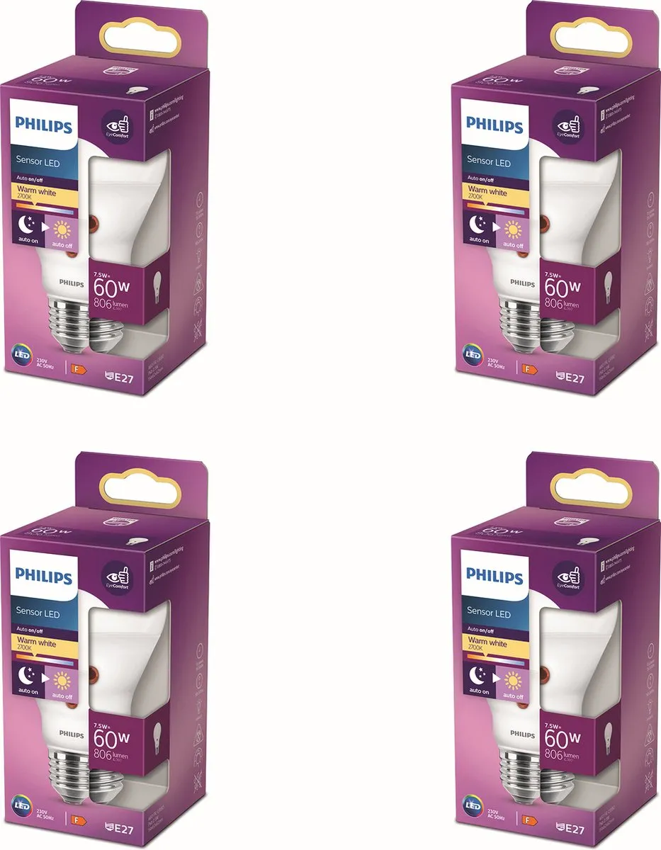 Philips Voordeelverpakking - E27 - LED Standaardlamp met Schemersensor - Mat - 60W - Niet Dimbaar - Warmwit Licht - Set van 4 Stuks