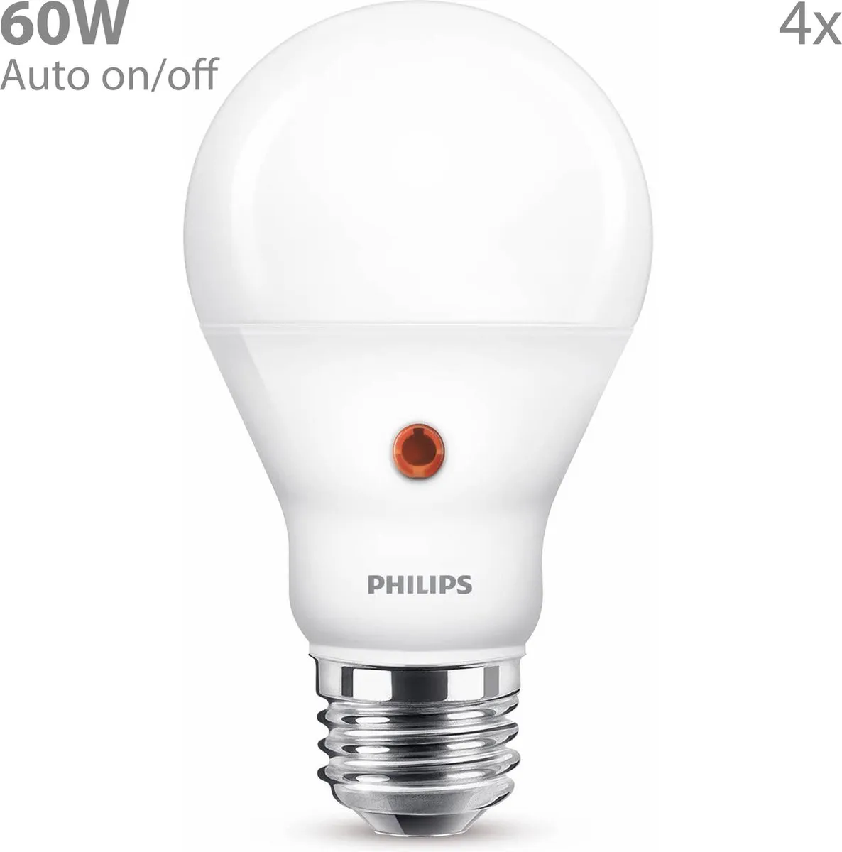 Philips Voordeelverpakking - E27 - LED Standaardlamp met Schemersensor - Mat - 60W - Niet Dimbaar - Warmwit Licht - Set van 4 Stuks