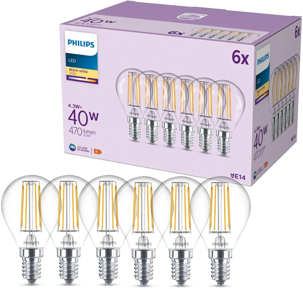 Philips LED Lamp E14 Warmwit 4.3W - 6 Stuks