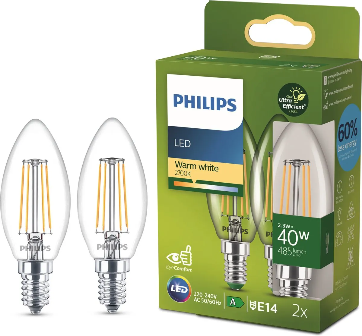 Philips Ultra Efficient LED Kaarslamp Transparant 2.3W E27 Warmwit