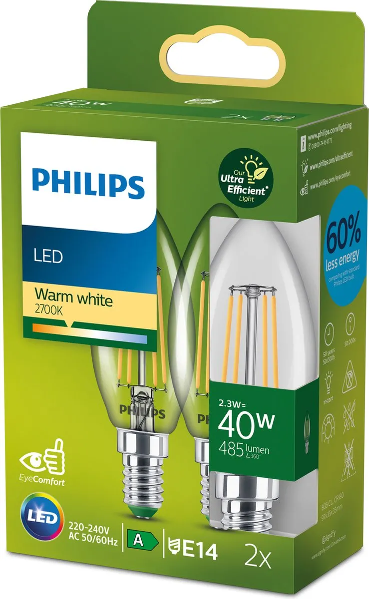 Philips Ultra Efficient LED Kaarslamp Transparant 2.3W E27 Warmwit