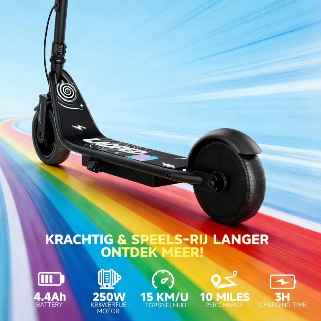 Stay-on Ladped Elektrische Kinderstep Zwart - 15 km/u - Bluetooth Speaker