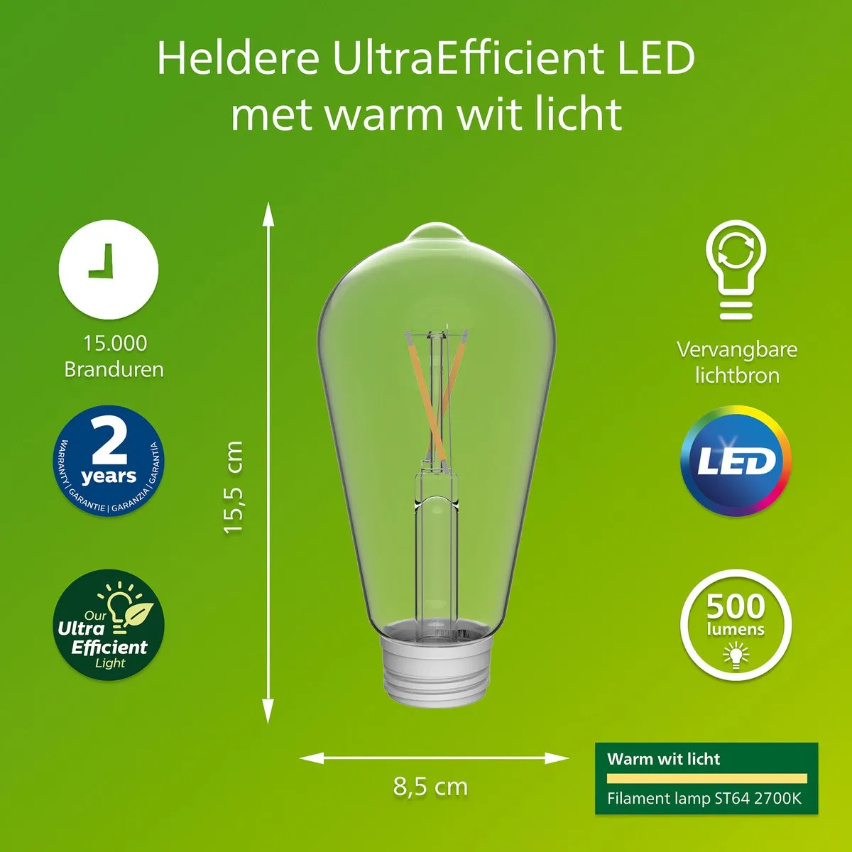 Philips vervangbare Filament lamp voor Solar buitenlampen - Klassiek ontwerp - Warmwit licht 2700K - Zonne-energie