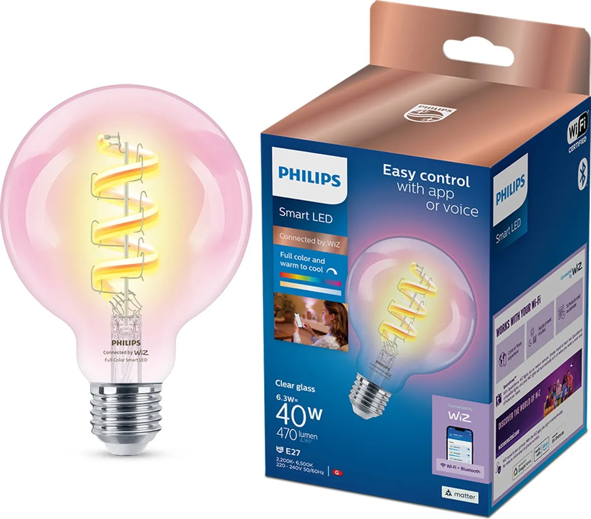 Philips Filament 40W G95 E27 RGB - Helder glas