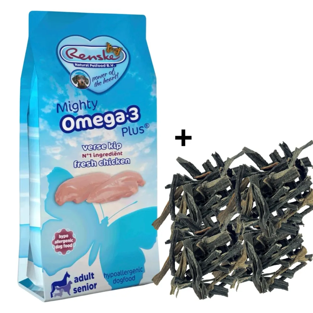 Renske Mighty Omega Plus Hondenvoer Kip 13kg + Pawty Pens Snack