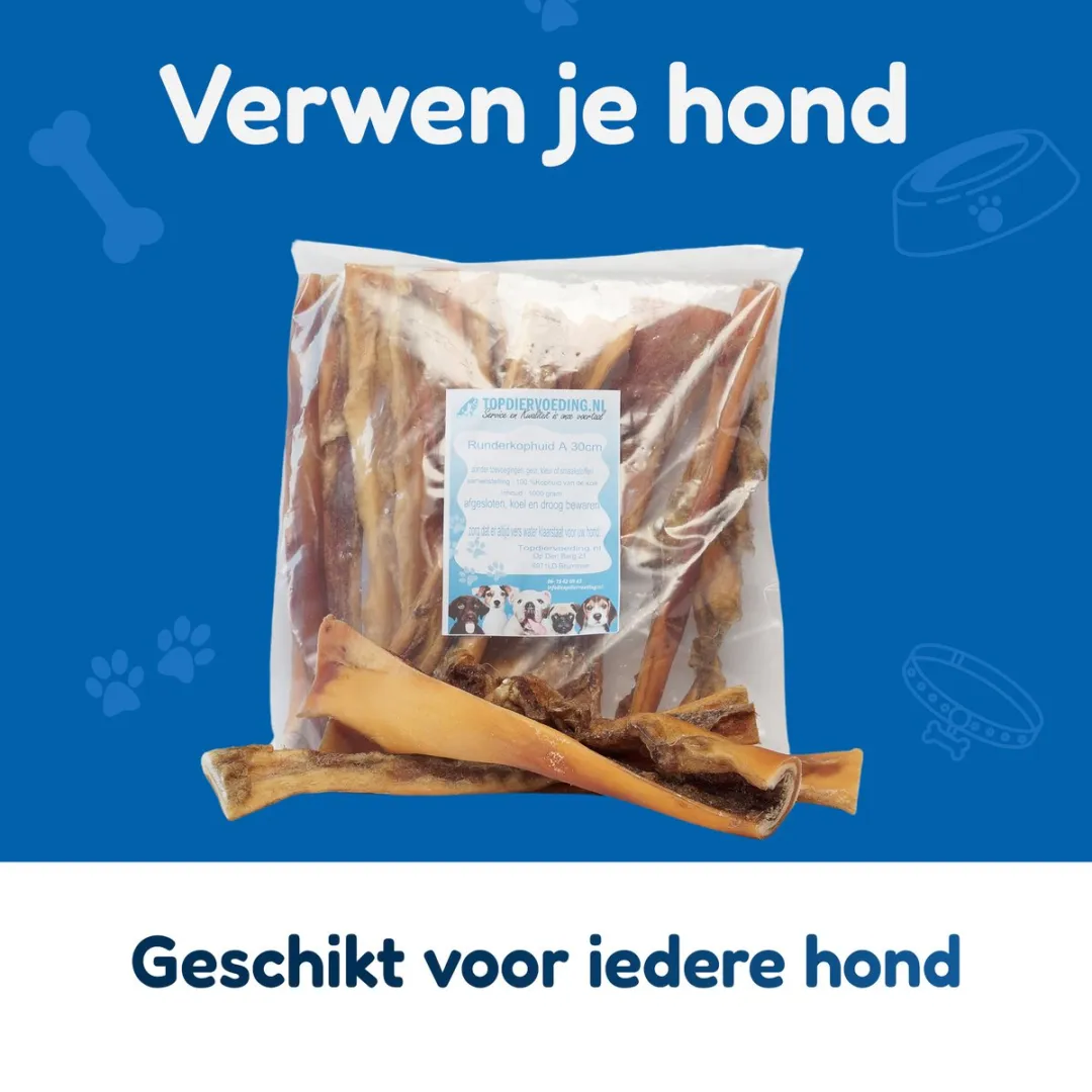 Topdiervoeding Runderkophuid 20cm - Vers Gedroogd Hondensnacks 1kg