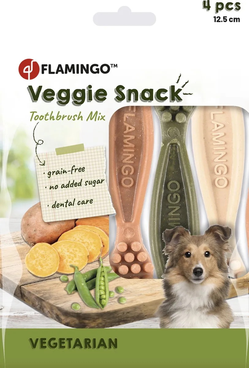 Flamingo Veggie Tandenborstel Hondensnack 4 Stuks - 160g