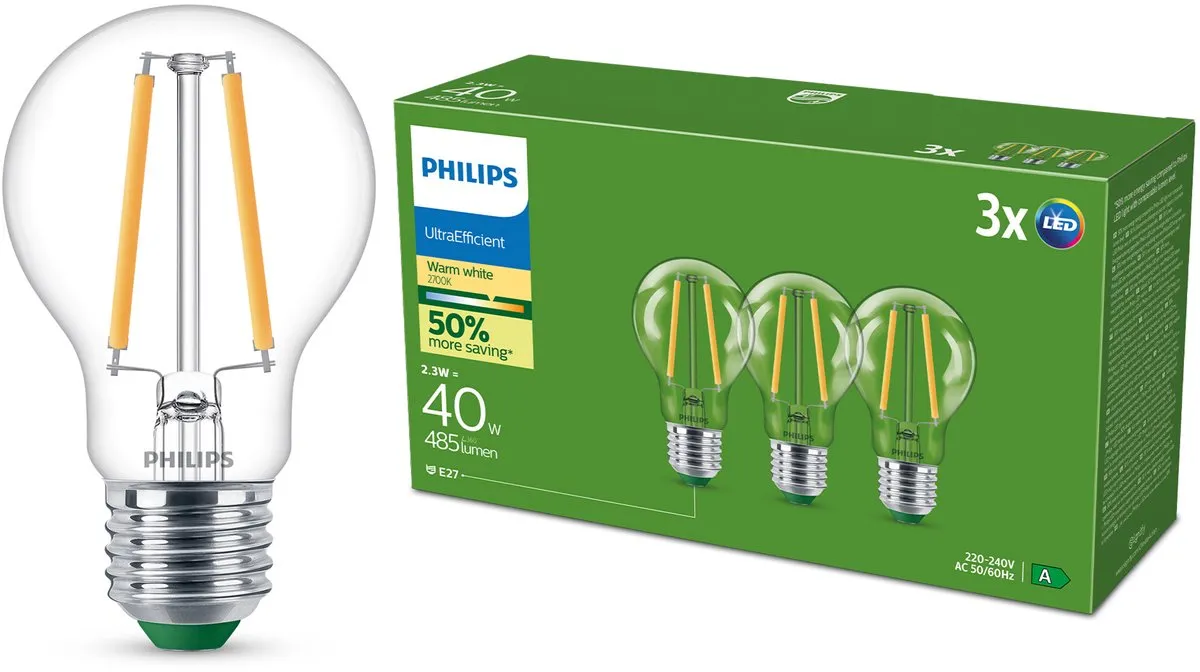 Philips UltraEfficient LED E27 2.3W Warmwit 3 Stuks