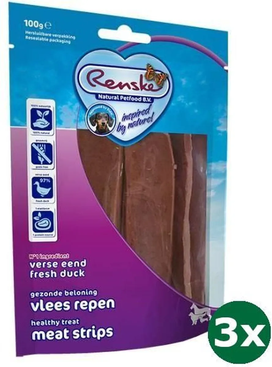 Renske Gezonde Beloning Vleesstrip Eend 3x100g