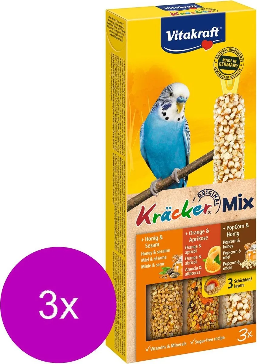 Vitakraft Parkiet Kracker Honing & Sinaasappel & Popcorn - 3 Stuks