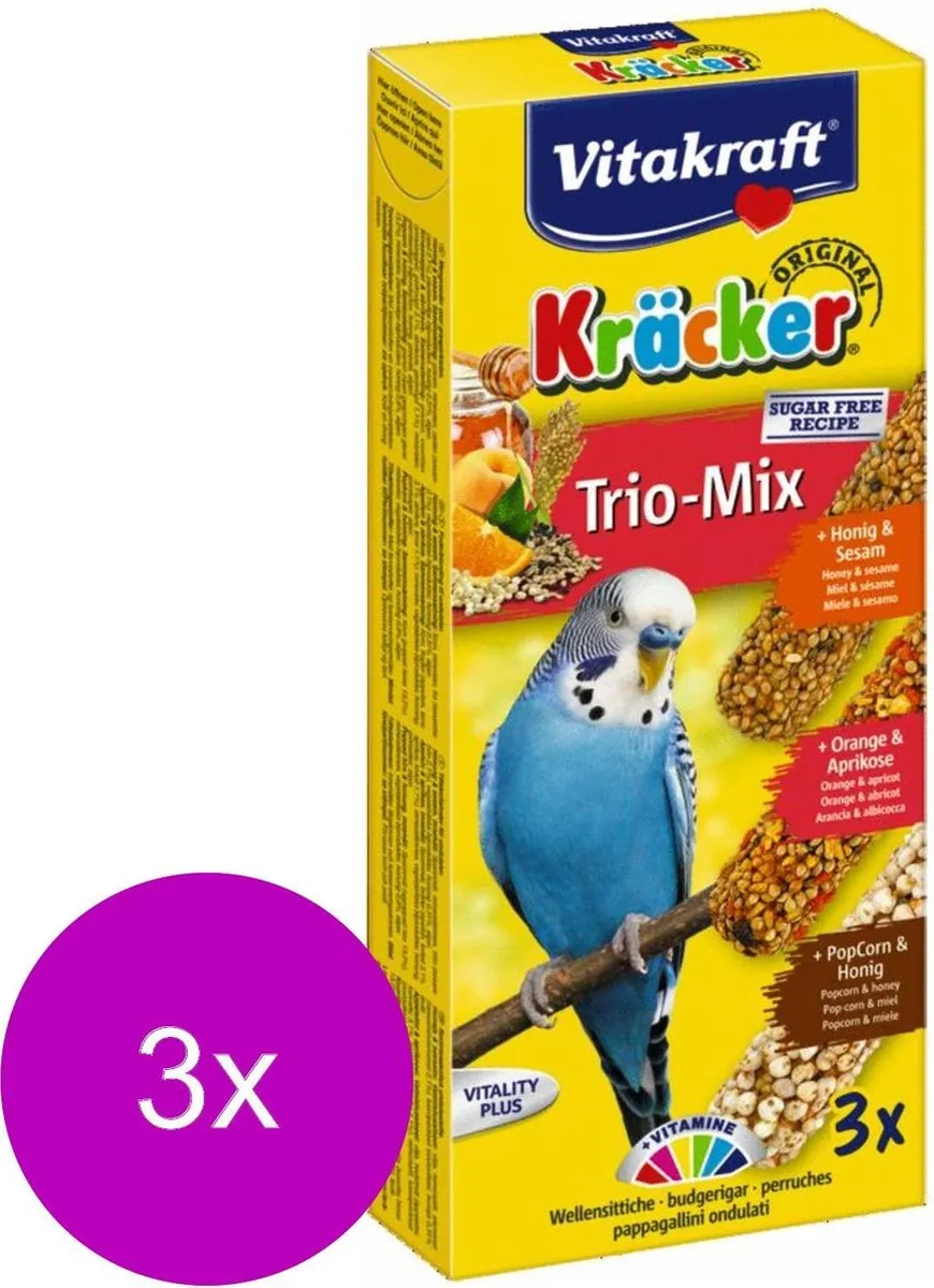 Vitakraft Parkiet Kracker Honing & Sinaasappel & Popcorn - 3 Stuks