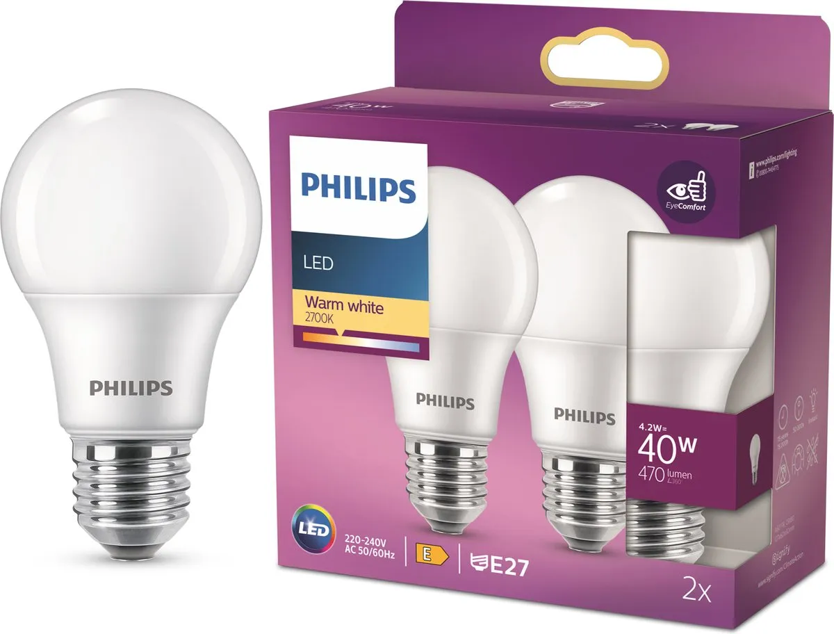Philips LED Lamp E27 4.2W Warmwit Mat