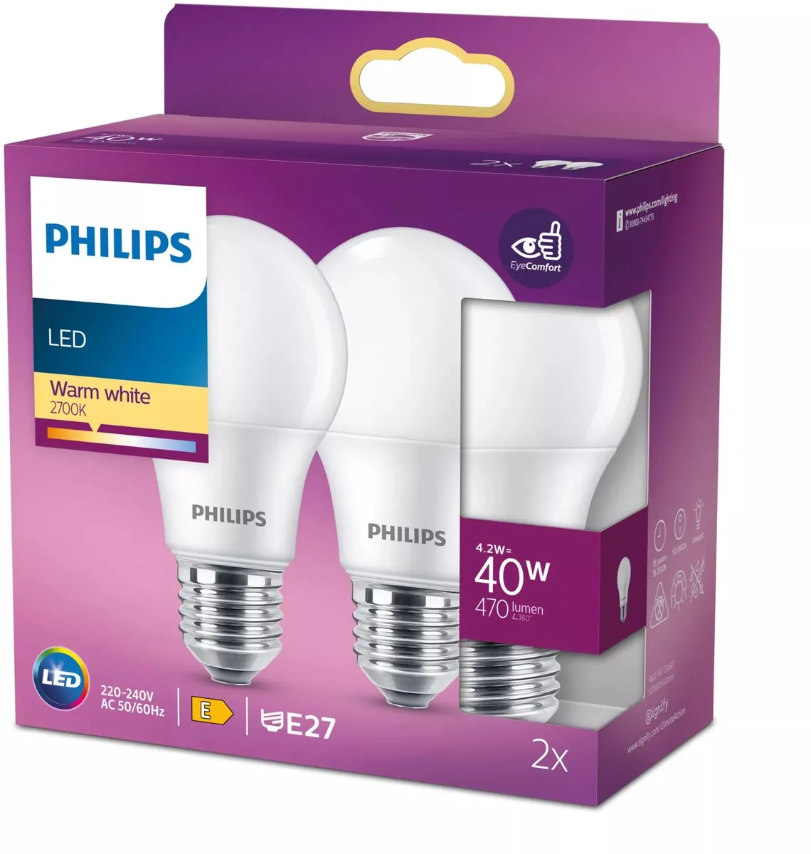 Philips LED Lamp E27 4.2W Warmwit Mat - 2 Stuks