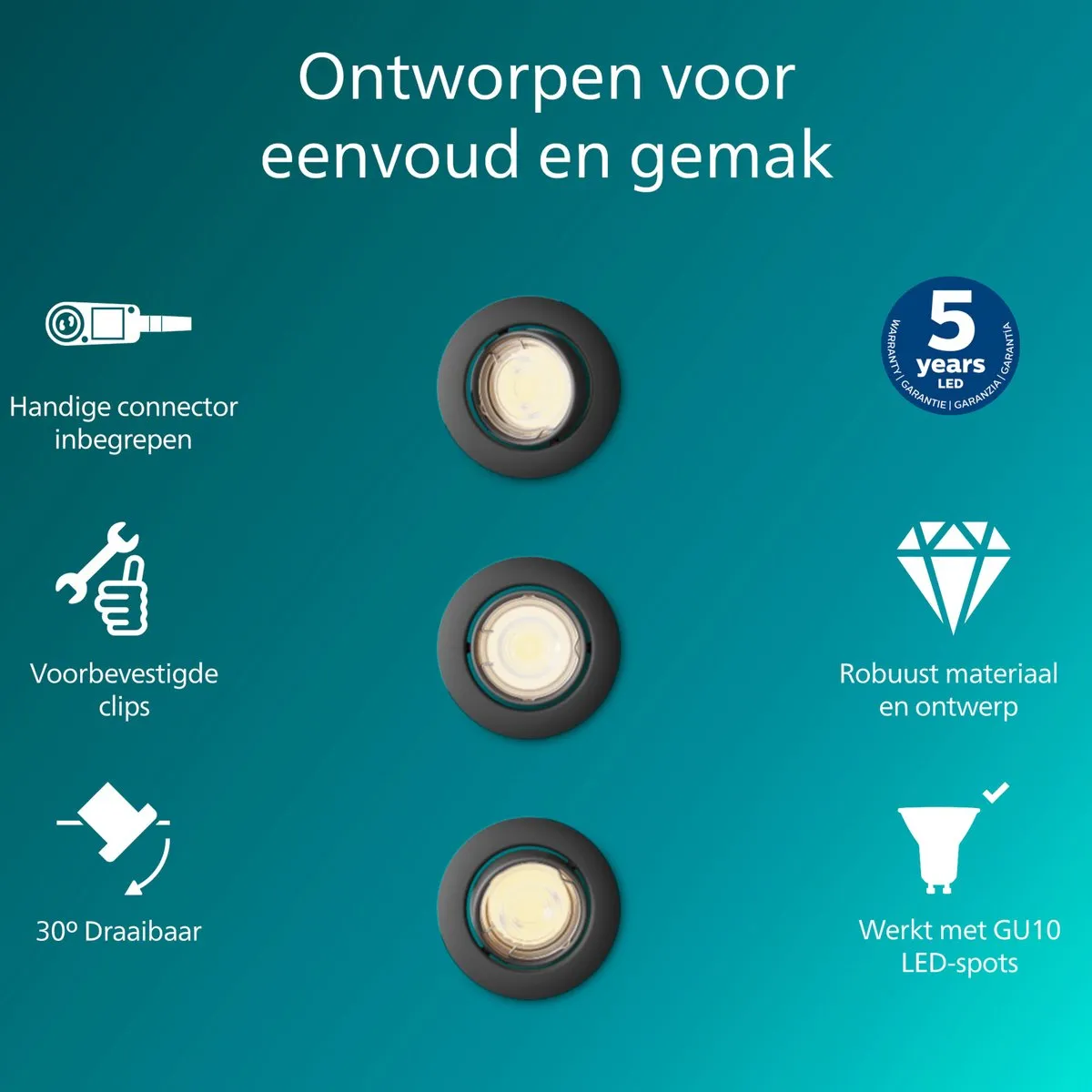 Philips Peridot Inbouwspot GU10 - 3 Stuks - Zwart