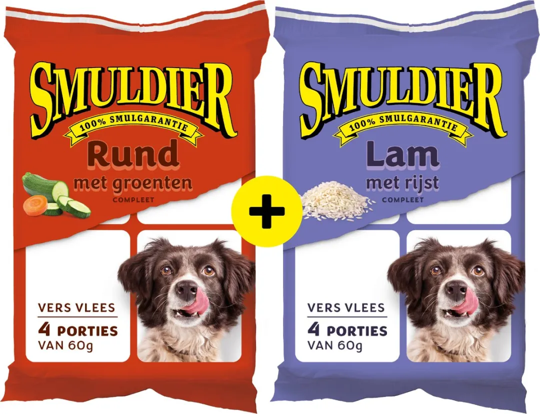 Smuldier Rund met Groenten 4x60g + Lam met Rijst 4x60g | 2x12 st. | compleet | diepvries hondenvoer | vers vlees
