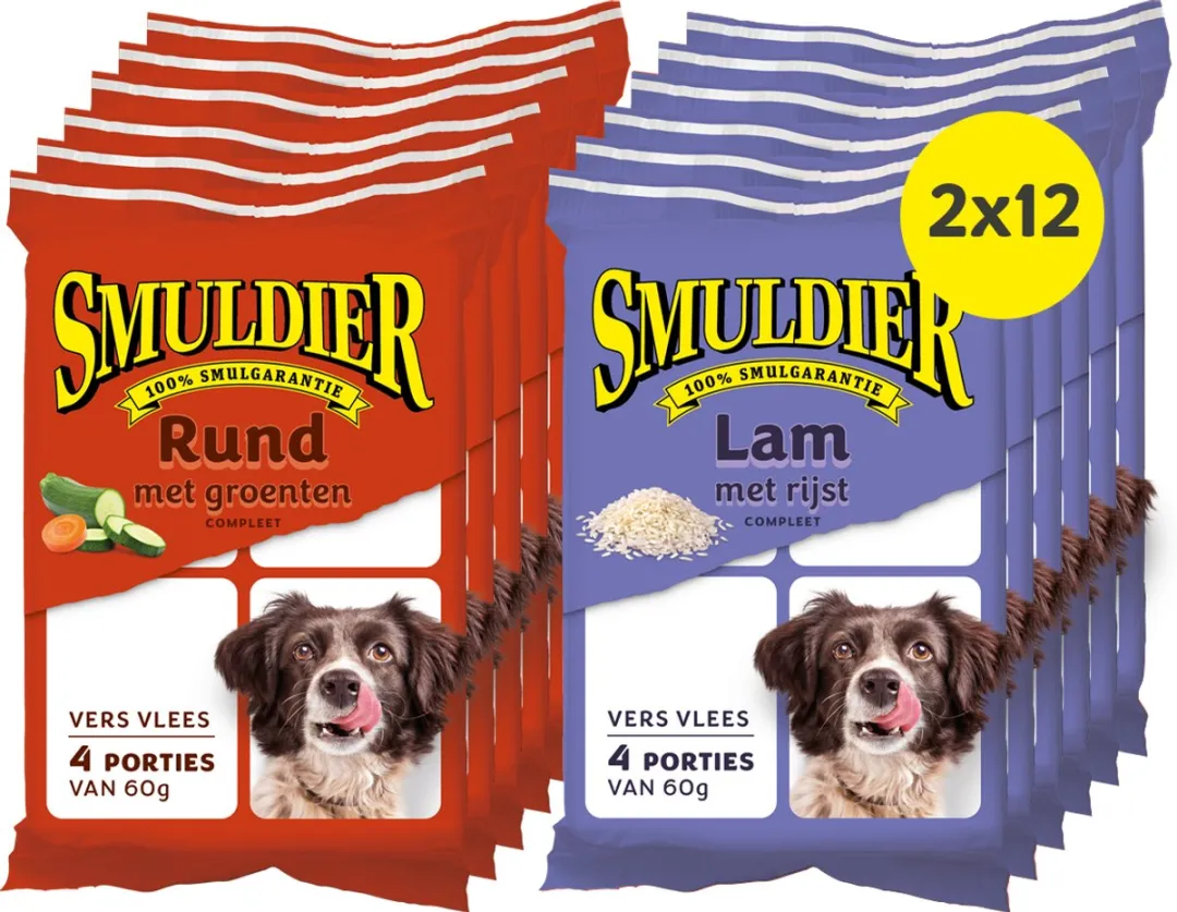 Smuldier Rund met Groenten 4x60g + Lam met Rijst 4x60g | 2x12 st. | compleet | diepvries hondenvoer | vers vlees