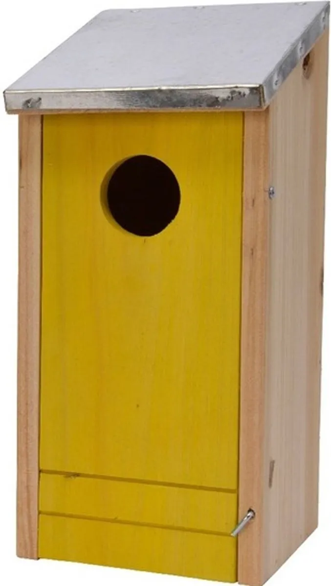 Decoris Houten Vogelhuisje Geel 26cm - Metalen Dak