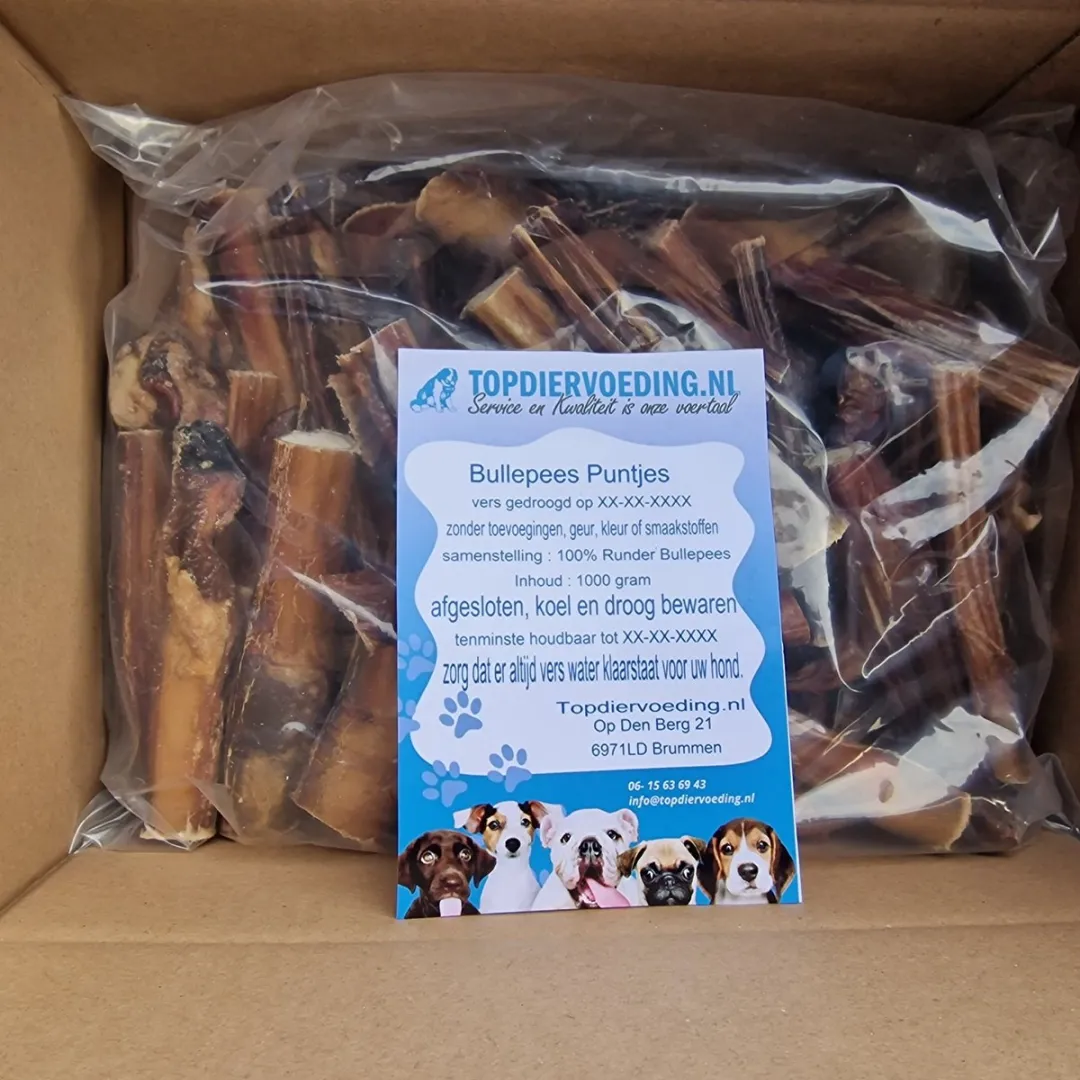 Topdiervoeding Bullepees Puntjes 15cm - Vers Gedroogde Hondensnack 1000g