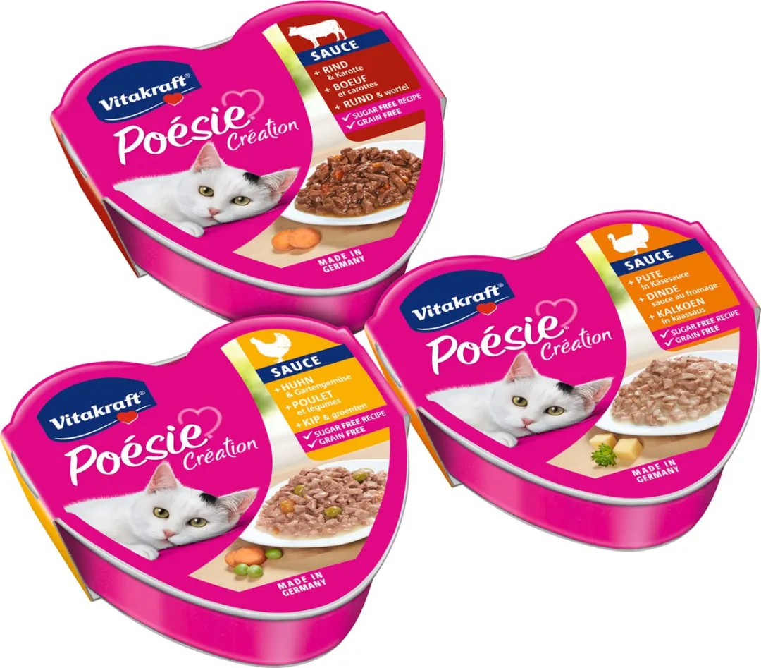 Vitakraft Poésie Multipack Natvoer 6x85g - Kip/Groente, Rund/Wortel, Kalkoen/Kaas