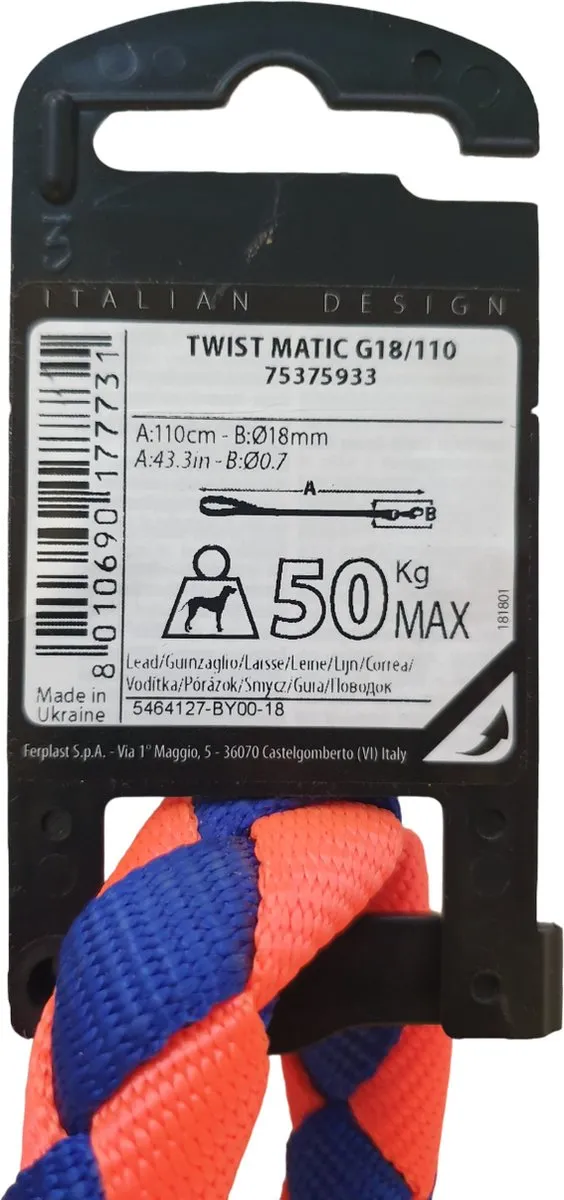 Ferplast Twist Matic Hondenlijn 18mm - 110cm - Blauw/Oranje