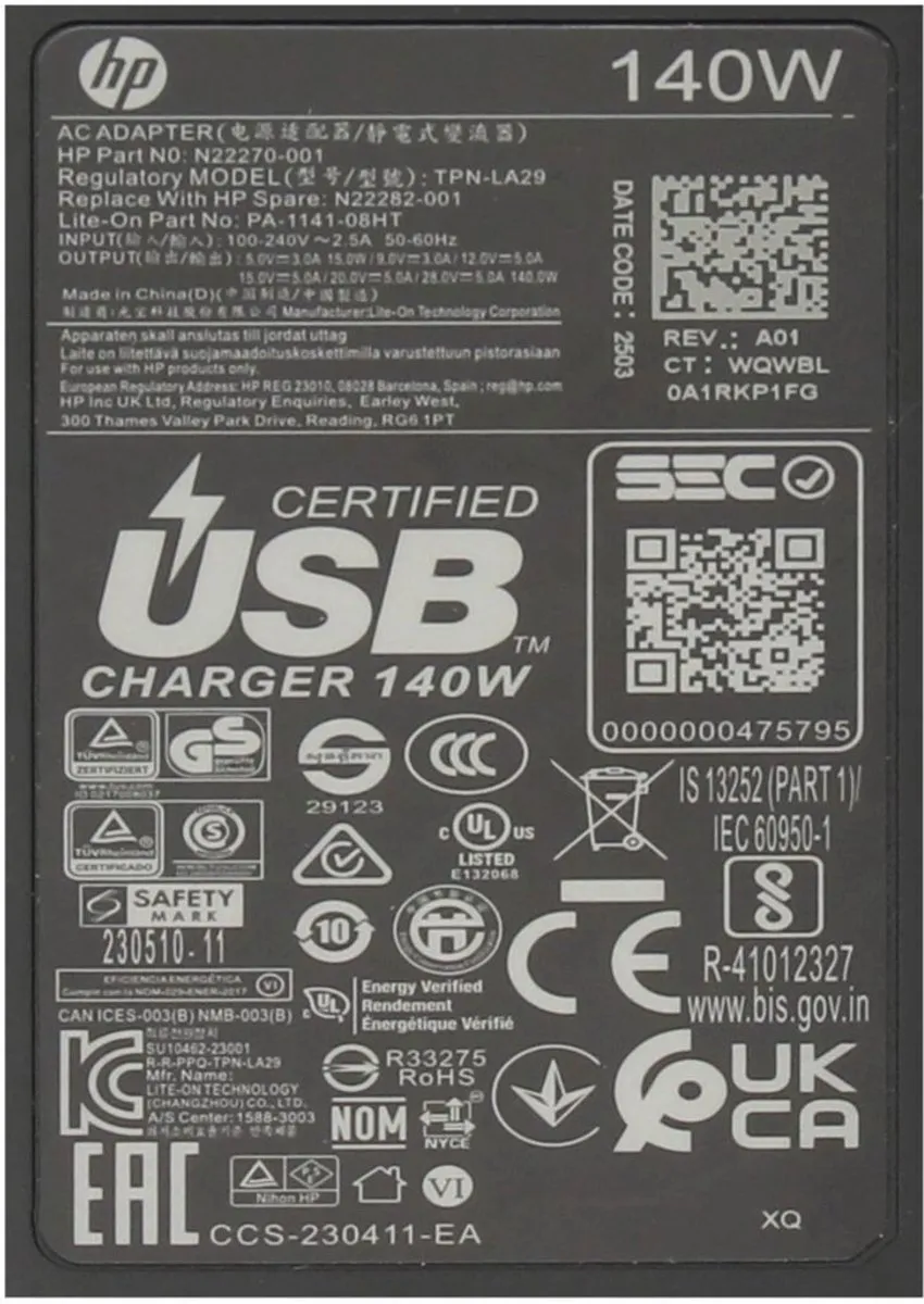 HP N22270-001 USB-C Oplader 140W - Zwart