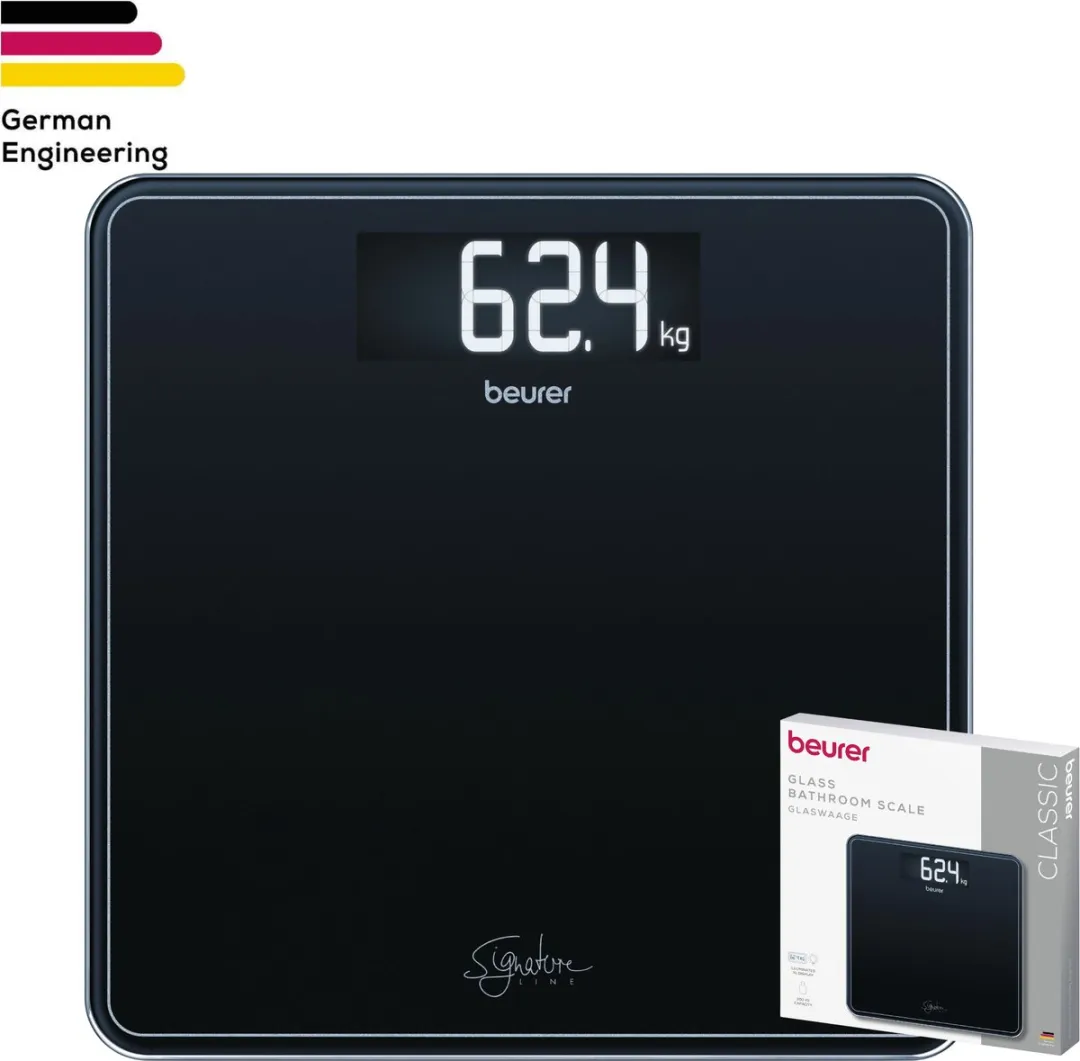 Beurer GS 400 SignatureLine Personenweegschaal – Digitaal & Stijlvol – Tot 200 kg – Quick Start voor Direct Wegen – Veiligheidsglas (31 x 31 cm) – Verlicht XL Display met Grote, Goed Leesbare Cijfers – Incl. Batterijen – 5 Jaar Garantie – Zwart