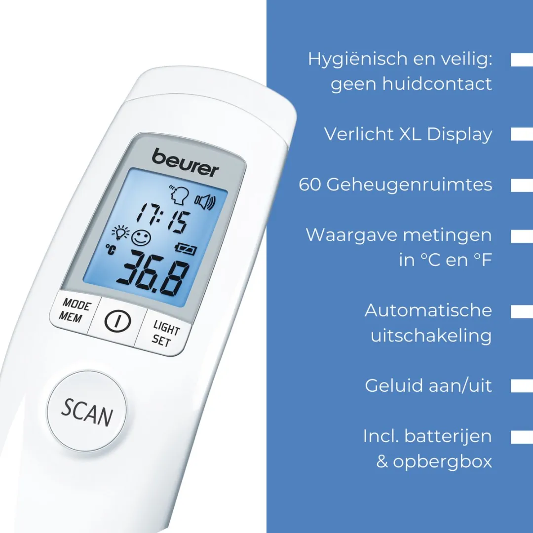Beurer FT 90 Thermometer - Contactloos - Voorhoofdmeting in Seconden - Meet Lichaam, Oppervlak en Kamer - Ook voor Baby's & Kinderen - Medisch Gecertificeerd - Incl. Opbergbox