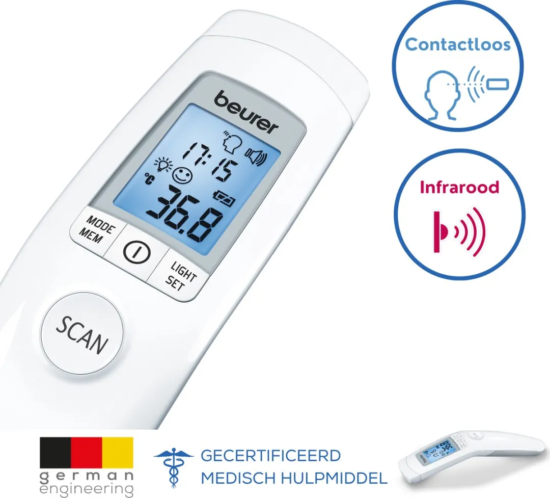 Beurer FT 90 Thermometer - Contactloos - Voorhoofdmeting in Seconden - Meet Lichaam, Oppervlak en Kamer - Ook voor Baby's & Kinderen - Medisch Gecertificeerd - Incl. Opbergbox