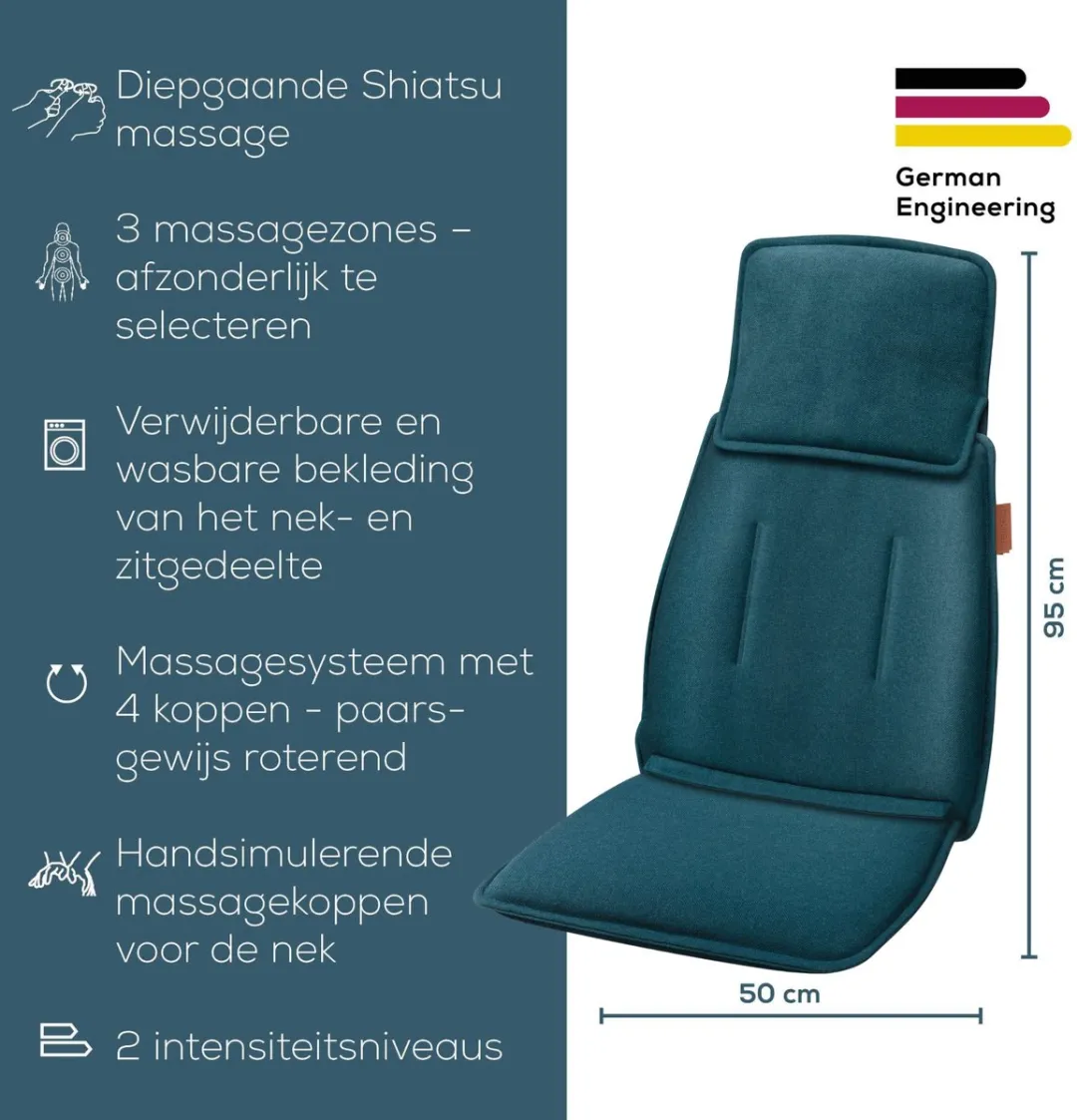 Beurer MG 330 Petrol Shiatsu Massagekussen - Massagestoel - Verstelbaar nekgedeelte - 4 Massagekoppen paarsgewijs roterend - 2 Intensiteitsniveaus - Wasbare hoes - 3 Jaar garantie - Petrol-groen