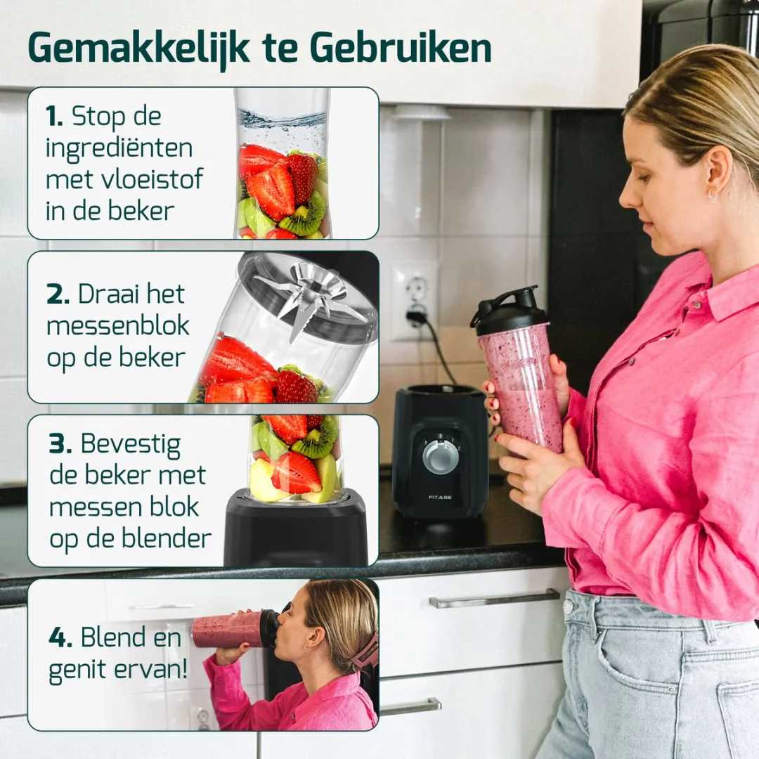 FITAGE Blender 1200W - 8 Mesjes - 2x 650ml Bekers - Zwart - afbeelding 3 van 6