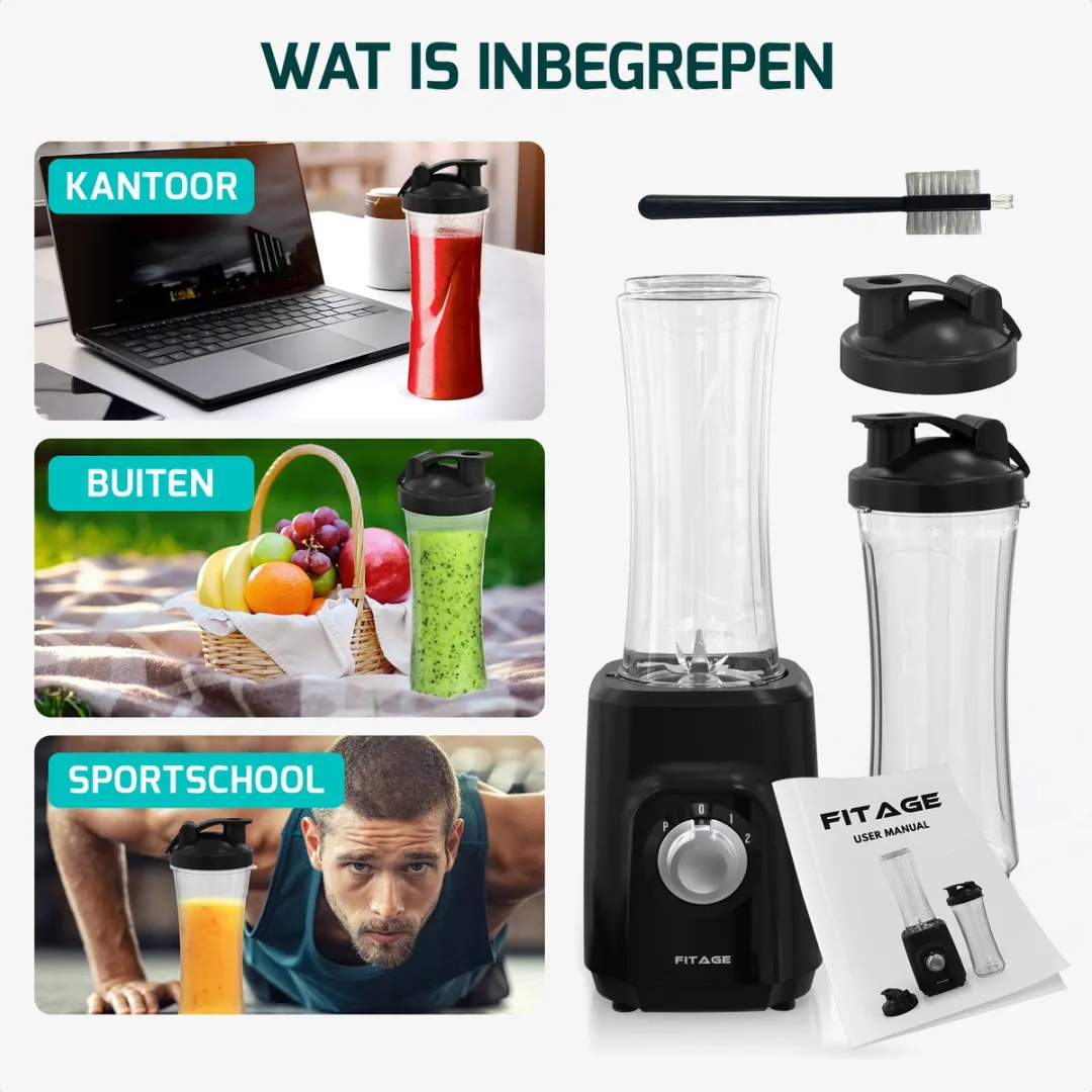 FITAGE Blender 1200W - 8 Mesjes - 2x 650ml Bekers - Zwart - afbeelding 5 van 6