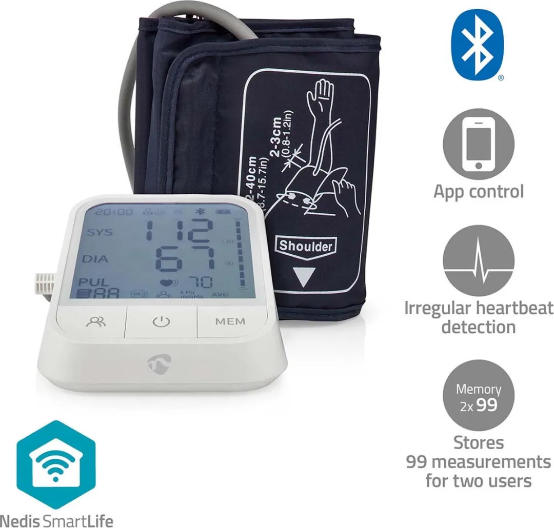 Nedis SmartLife BTHBP10WT Bloeddrukmeter Arm - Bluetooth - 22-42cm - Wit