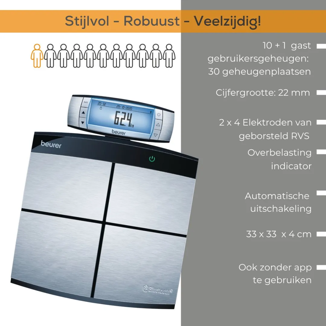 Beurer BF 105 Personenweegschaal - Lichaamsanalyse - Digitaal - Bluetooth - 180 kg - 10 Gebruikers - Zwart/Zilver