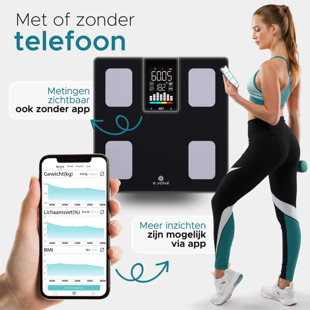 e.volve Weegschaal Personenweegschaal Digitaal - 20x - Werkt met en zonder App - Slimme Weegschaal met Lichaamsanalyse