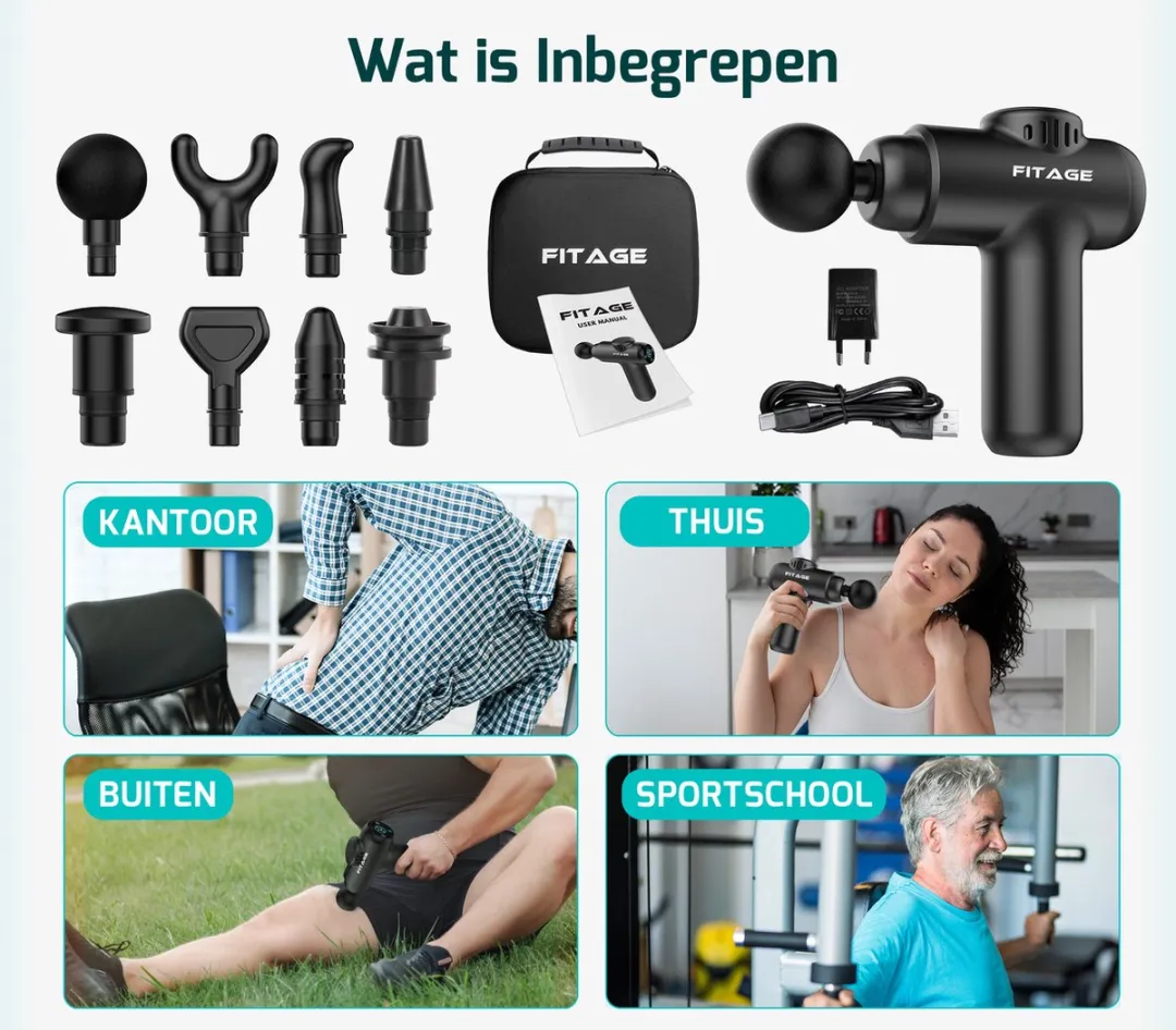 FITAGE Mini Massagegun - 8 Koppen - 30 Warmtestanden - Zwart - afbeelding 6 van 6