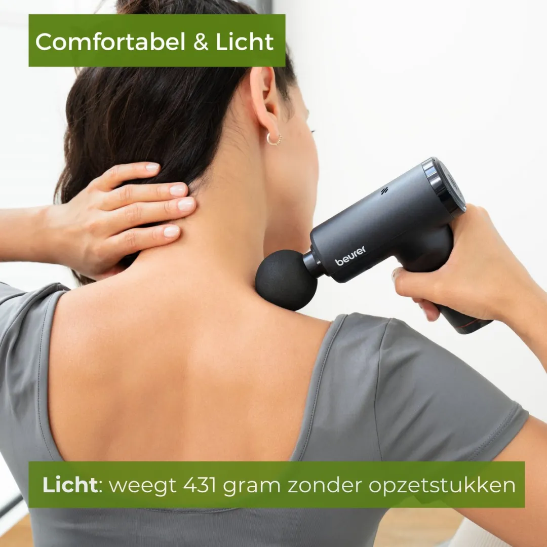 Beurer MG 89 CompactPower Professionele Massage Gun – Diepe Spiermassage – 10 mm Slagdiepte – 5 Snelheden – 3 Opzetstukken – USB-C – Stil – Spierherstel & Ontspanning – 3 Jaar Garantie