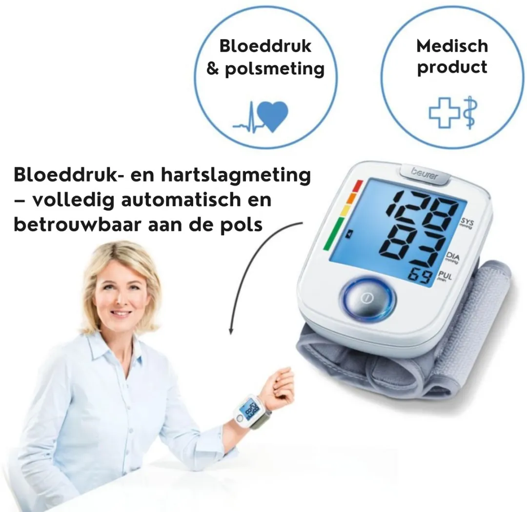 Beurer BC 44 Bloeddrukmeter Pols - Hartslagmeter - Volautomatische meting voor Thuisgebruik - Makkelijke bediening met één Knop - Goed Leesbaar, blauw verlicht XL Display - Inc. Manchet (14 - 19.5 cm)