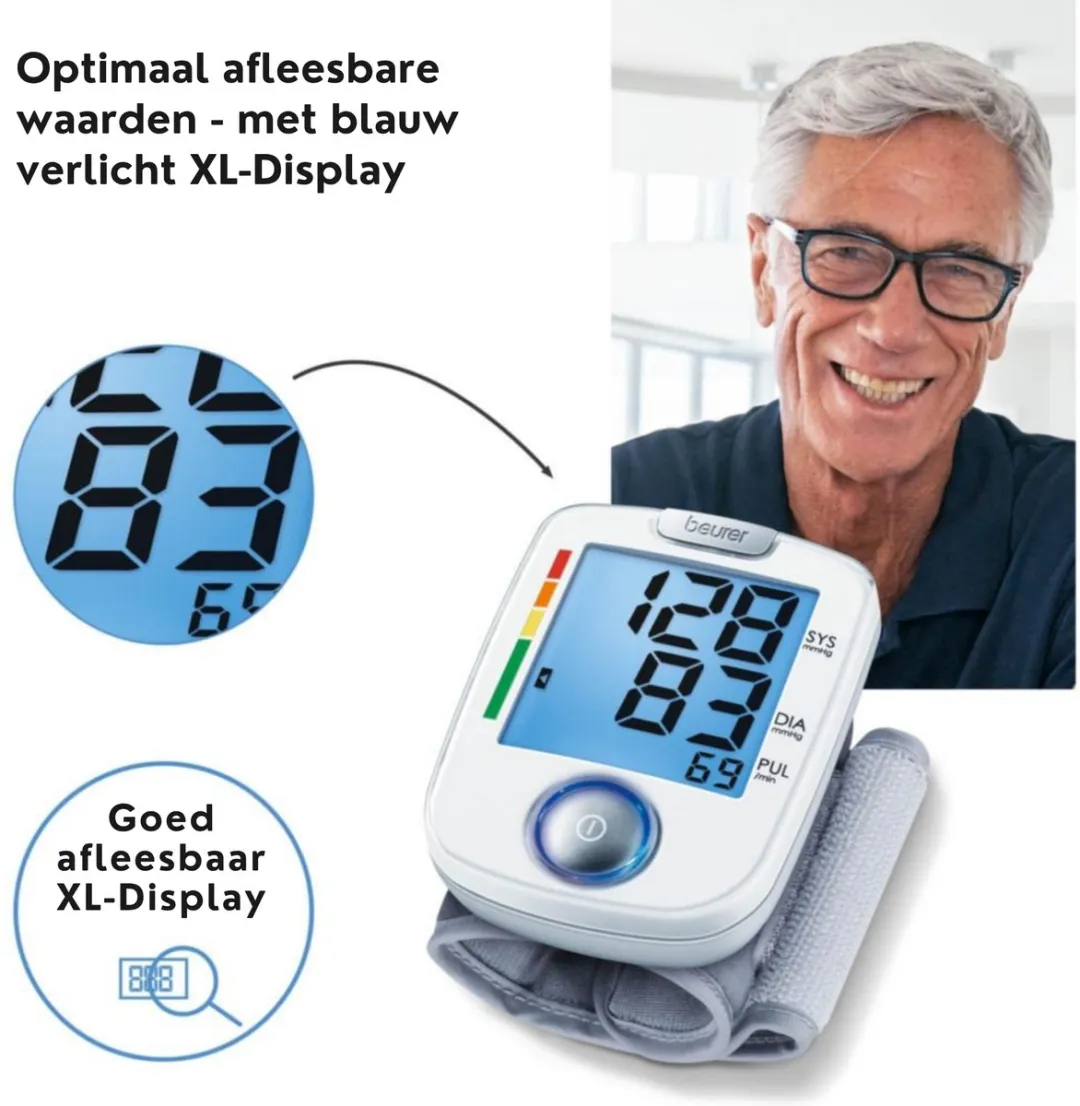Beurer BC 44 Bloeddrukmeter Pols - Hartslagmeter - Volautomatische meting voor Thuisgebruik - Makkelijke bediening met één Knop - Goed Leesbaar, blauw verlicht XL Display - Inc. Manchet (14 - 19.5 cm)
