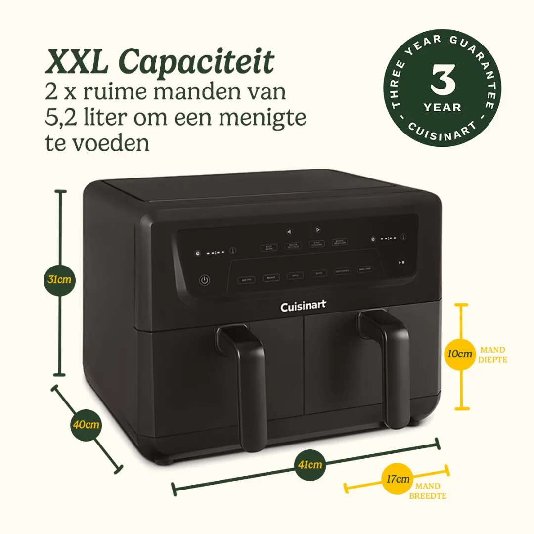 Cuisinart - XXL Dual-Zone Airfryer - Heteluchtfriteuse 2x5,2 - 2400W - 7 programma's - PFAS-vrije keramische coating - 2 manden voor tot 12 porties - Zwart