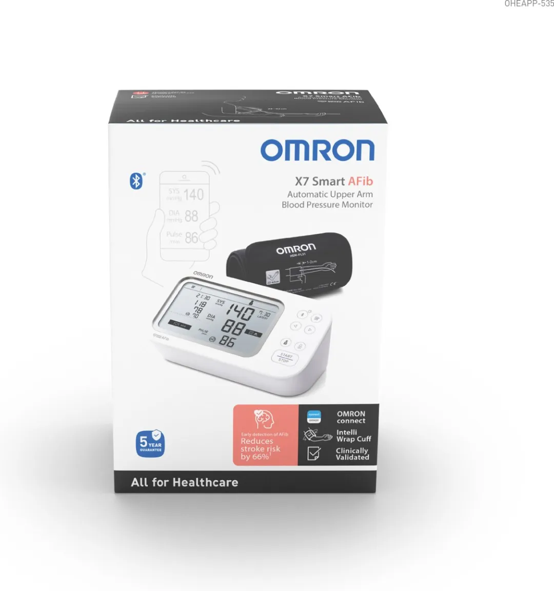 OMRON X7 Smart AFib Bloeddrukmeter voor bovenarm | Check voor AFib bij elke bloeddrukcontrole | Klinisch gevalideerd, inclusief zwangerschap en diabetes | 2 gebruikers | Intelli Wrap Manchet 22-42cm