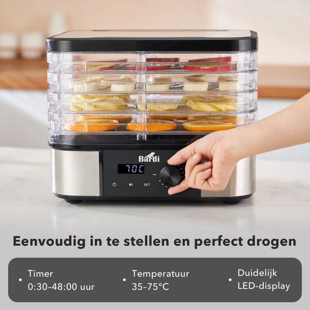 Bardi Professionele Voedseldroger 50124 - 350W - 5 Laags - Zwart/RVS