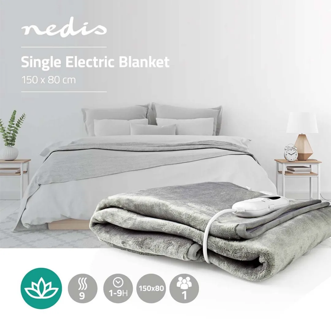Nedis PEBL130CWT1 Elektrische Deken 1 Persoon 150x80cm - 9 Standen - Grijs